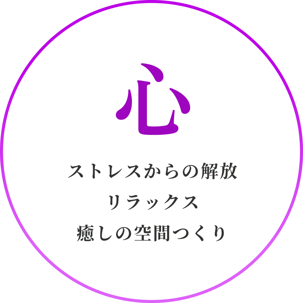 美・お肌を乾燥から守る、うるおいでみたす、美肌つくり　心・ストレスからの解放、リラックス、癒しの空間つくり　体・血流を促す、血行促進、自律神経を整える